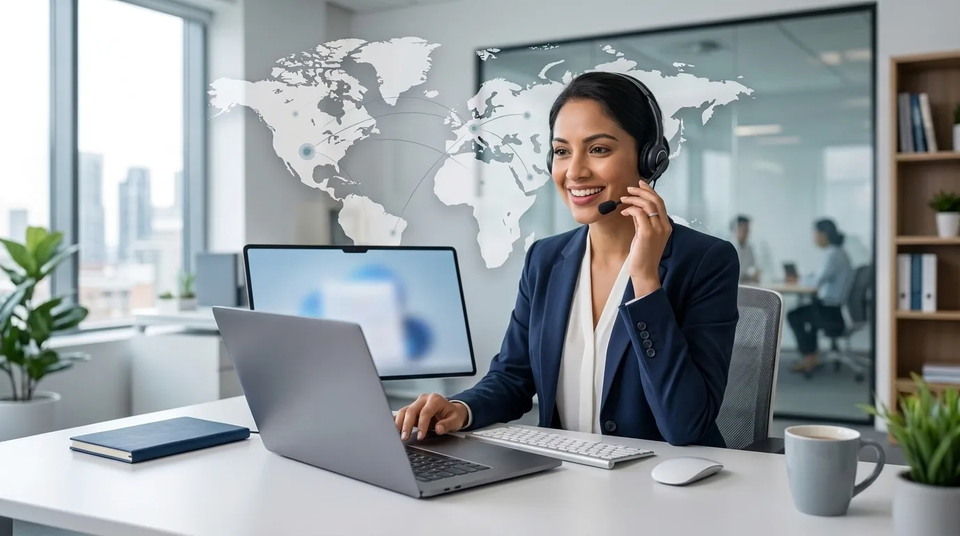 Client support specialist with headset at a modern office desk, world map on the wall