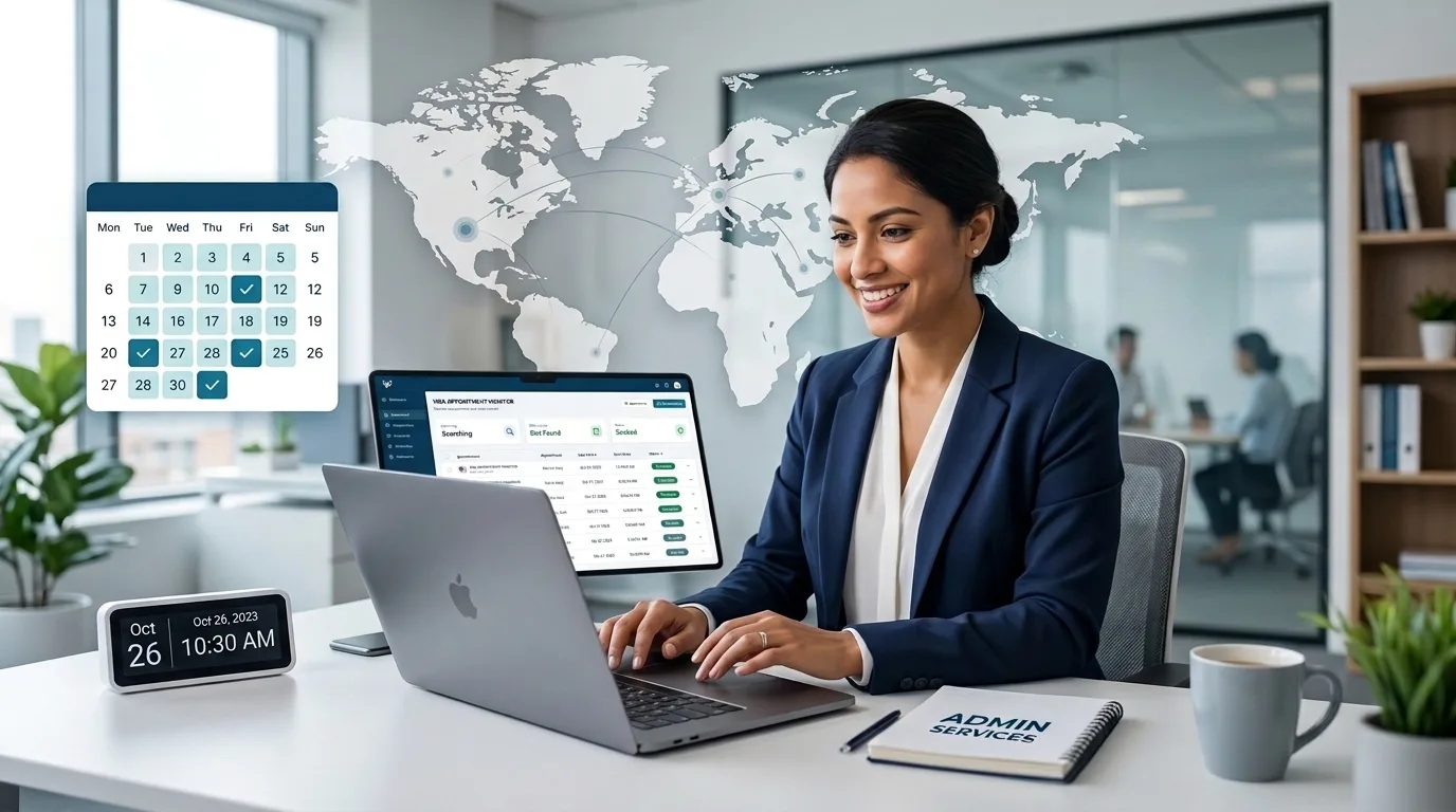 Professional monitoring visa appointments on a laptop with calendar and world map